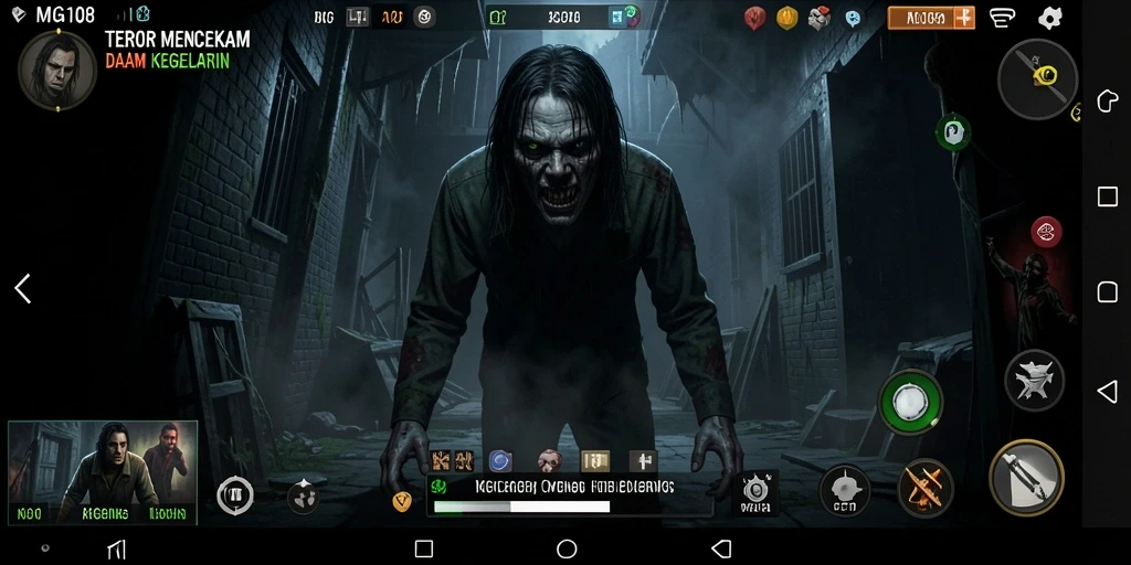 Screenshot utama <strong>MG108</strong> menampilkan situasi mencekam di lokasi angker.