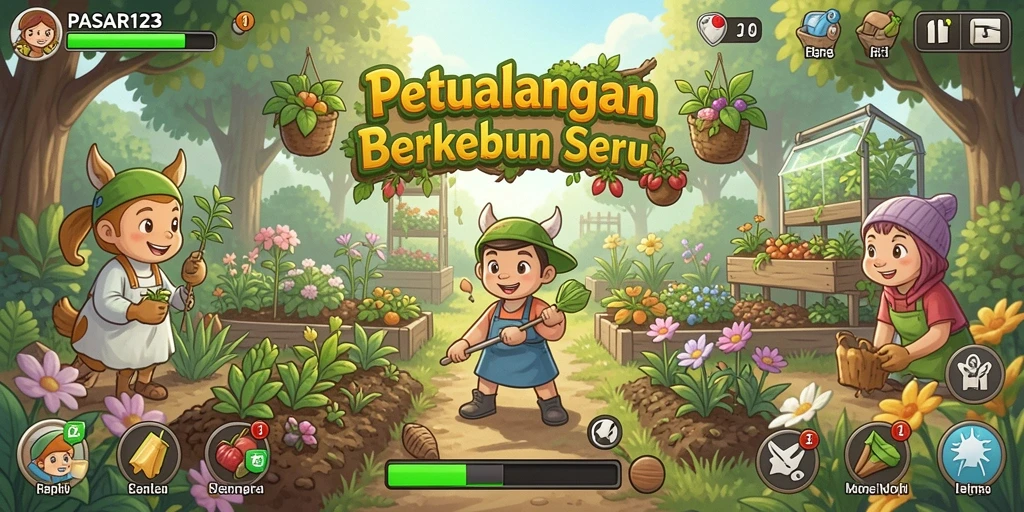Screenshot PASAR123 menampilkan kebun yang hijau dan subur dengan berbagai tanaman.