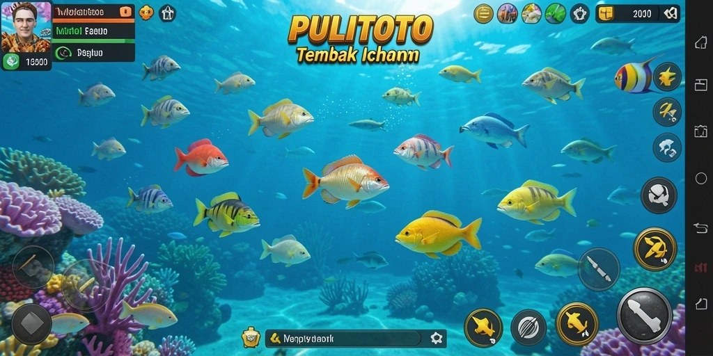 Tampilan gameplay PULITOTO saat menembak ikan berwarna-warni.