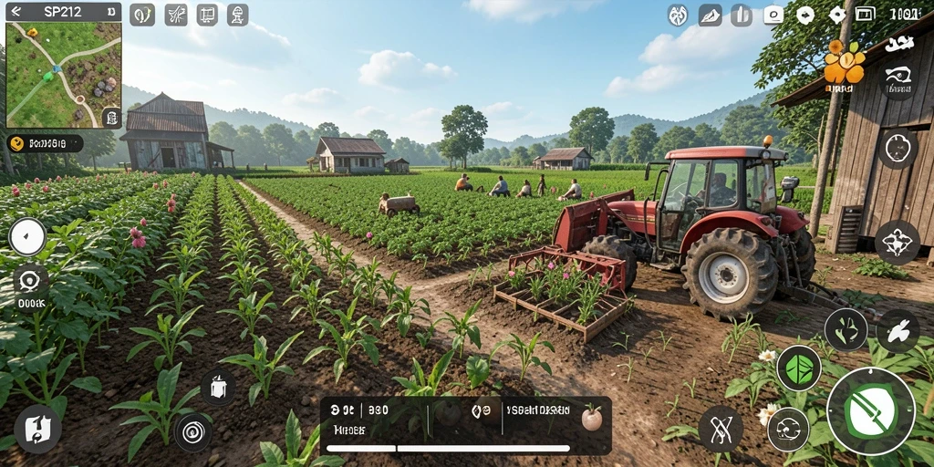 Tangkapan layar gameplay SP212 yang menampilkan aktivitas pertanian yang seru.